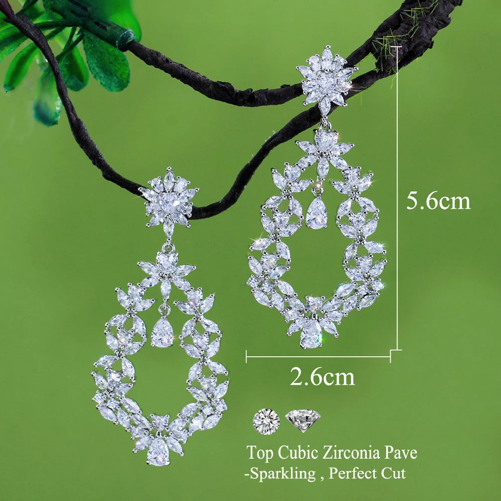 ThreeGraces Shining White Cubic Zirconia Big Long Flower Dangle Bridal Earrings for Women Fashion Wedding Party Jewelry E2018