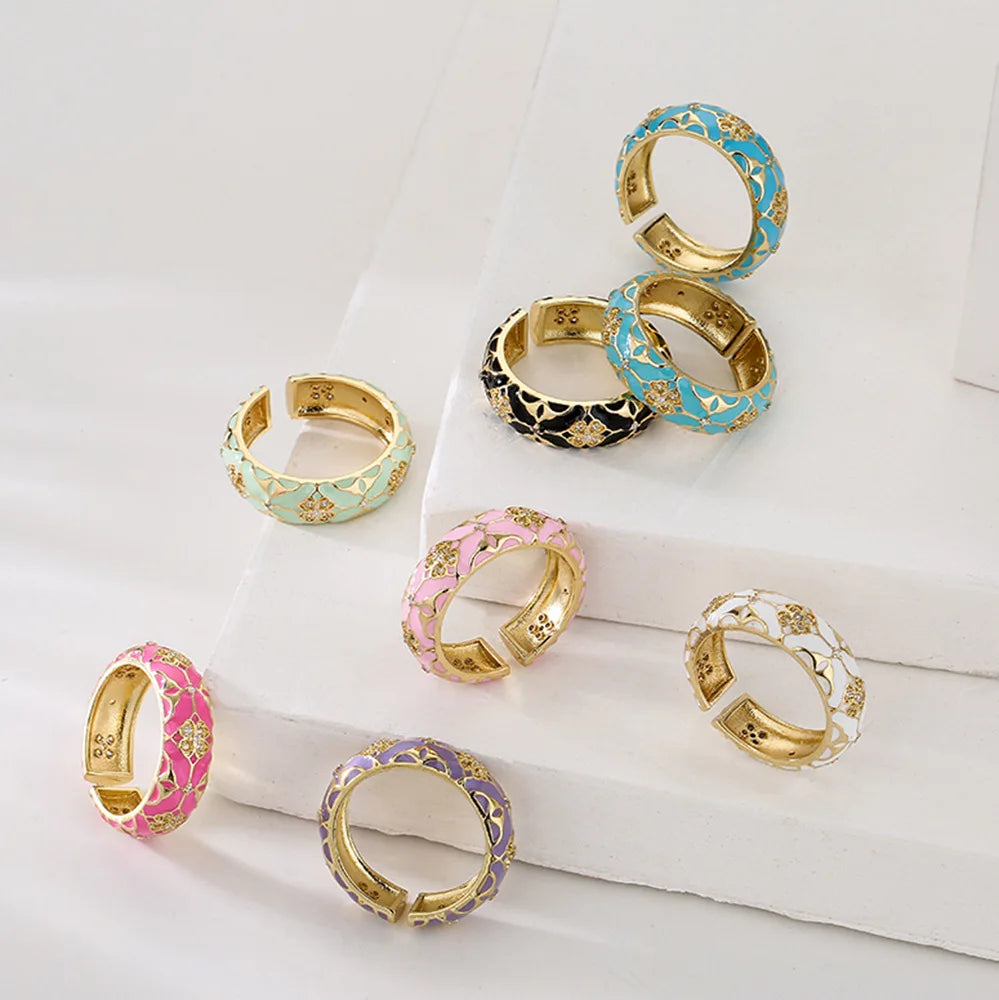2025 Stylish new copper-plated 18K gold zircon dripping oil bohemian vintage geometric open ring gift