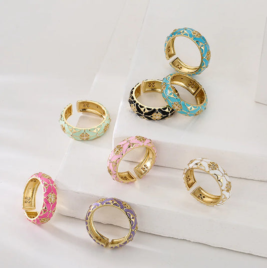 2025 Stylish new copper-plated 18K gold zircon dripping oil bohemian vintage geometric open ring gift