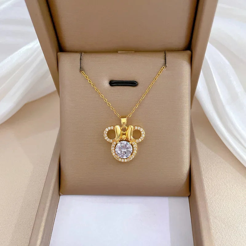 Cute Mouse Bow Minnie Rhinestone Necklace for Women Party Accessories Jewelry Cartoon Choker Necklace Titanium Steel