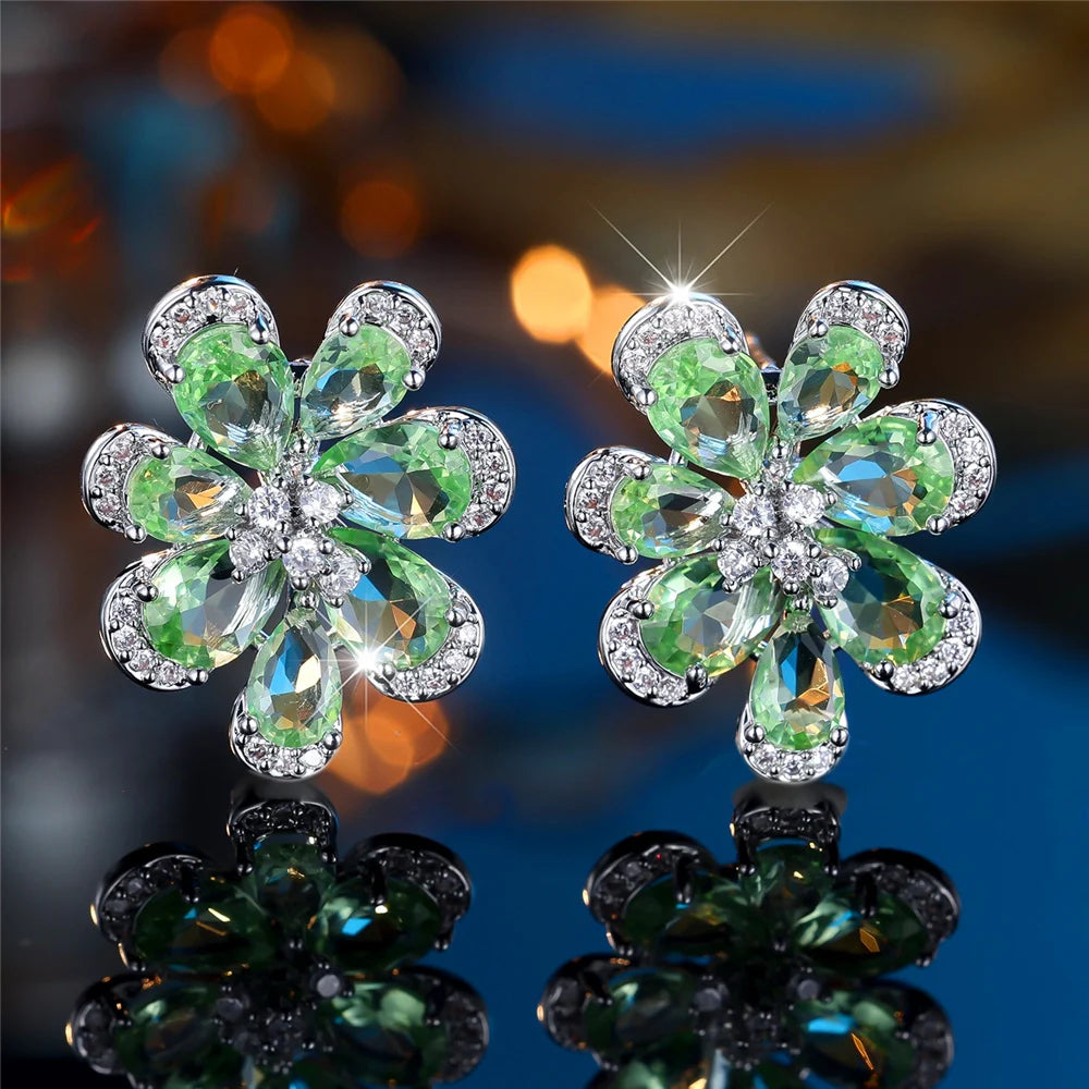 Cute Female Green Zircon Flower Stud Earrings Silver Color Wedding Jewelry For Women