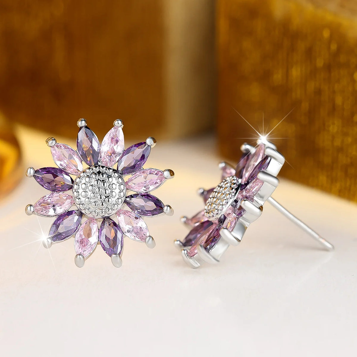 Small SunFlower Purple Zircon Stone Stud Earrings For Cute Women New Trendy Silver Color Birthstone Wedding Jewelry Bridal Gifts