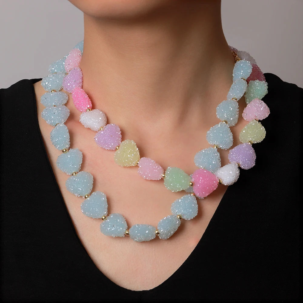 Sweet Candy Colored Resin Love Heart Choker Necklace for Women Cute Geometric Heart Shape Collar Necklace Summer Jewelry Gifts