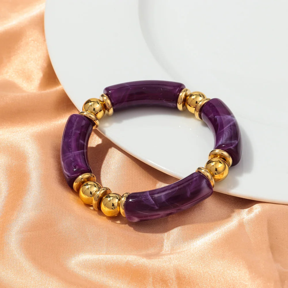 New Design Acrylic Gold Color Beads Chunky Bamboo Bracelets for Women Resin Curved Tube Stretchy Bangle 2024 Fashion Jewelry