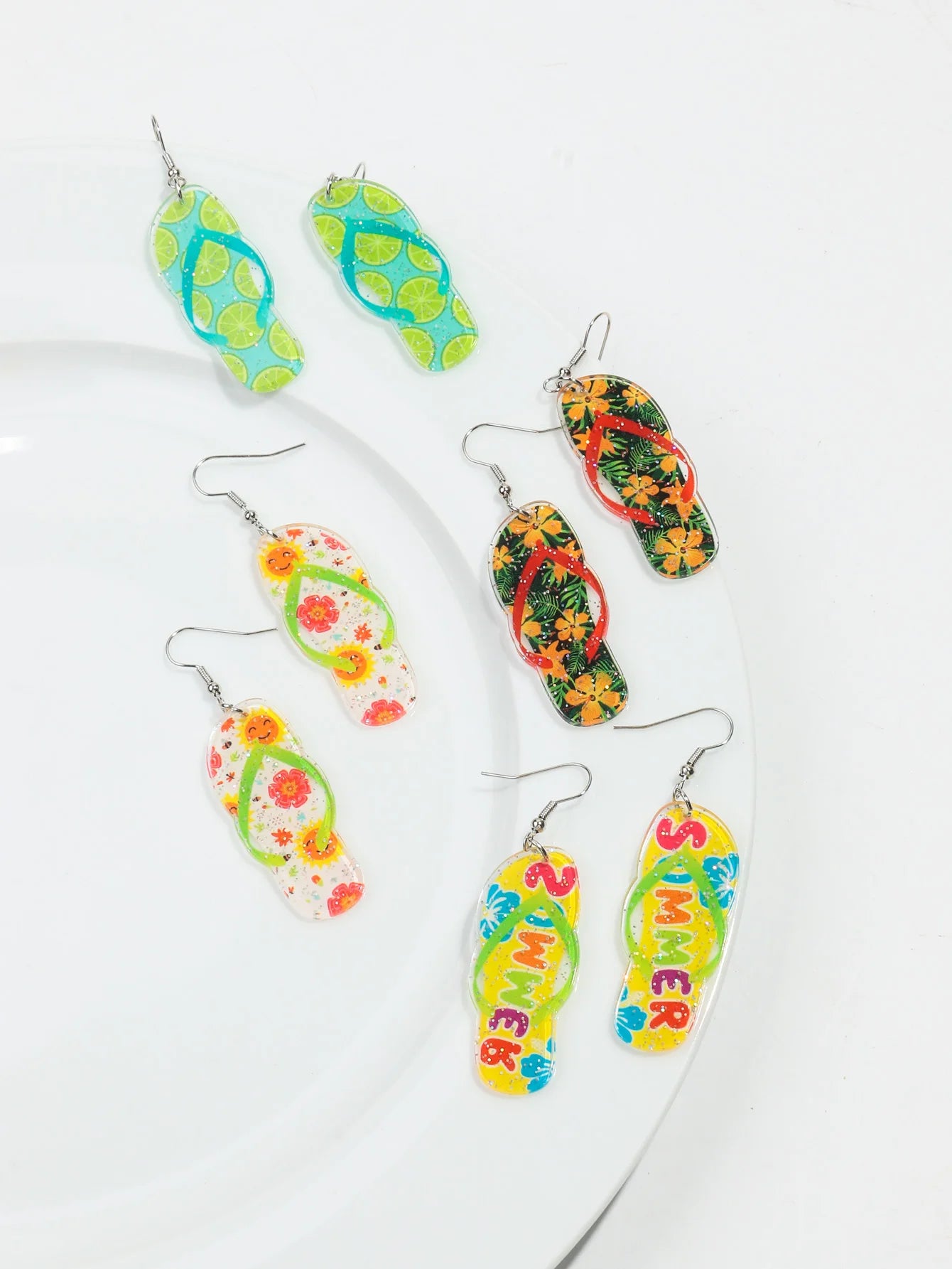 Bohomian Summer Acrylic Flower Slippers Earrings for Women Boho Resin Cute Lemon Leopard Print Shoes Earring Design Jewelry
