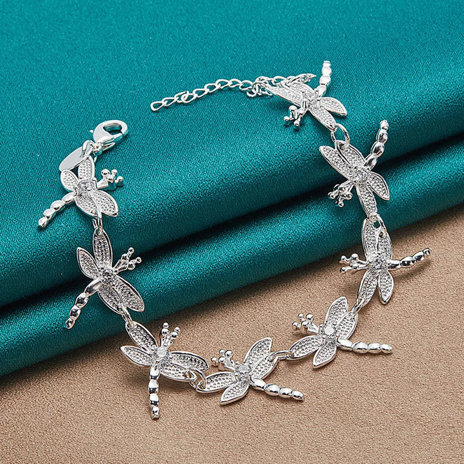 URMYLADY 925 Sterling Silver Dragonfly Necklace Bracelet Earring Ring Jewelry Set For Women Wedding Party Fashion Charm Gift
