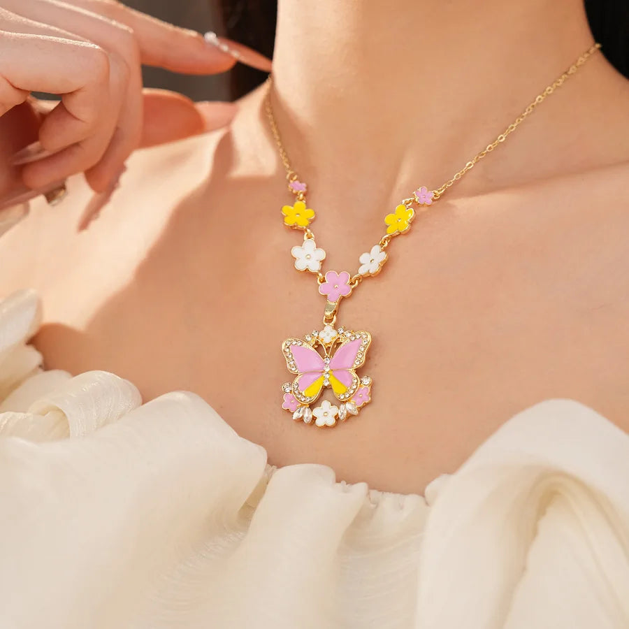 Pink Yellow Butterfly Flower Jewelry Set Sweet Enamel Necklace Drop Earrings Women's Fashion Party Banquet Accessories K