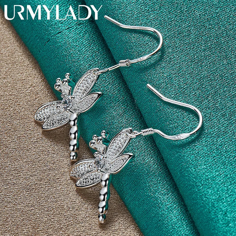 URMYLADY 925 Sterling Silver Dragonfly Zircon Earrings For Women Fashion Wedding Engagement Party Jewelry