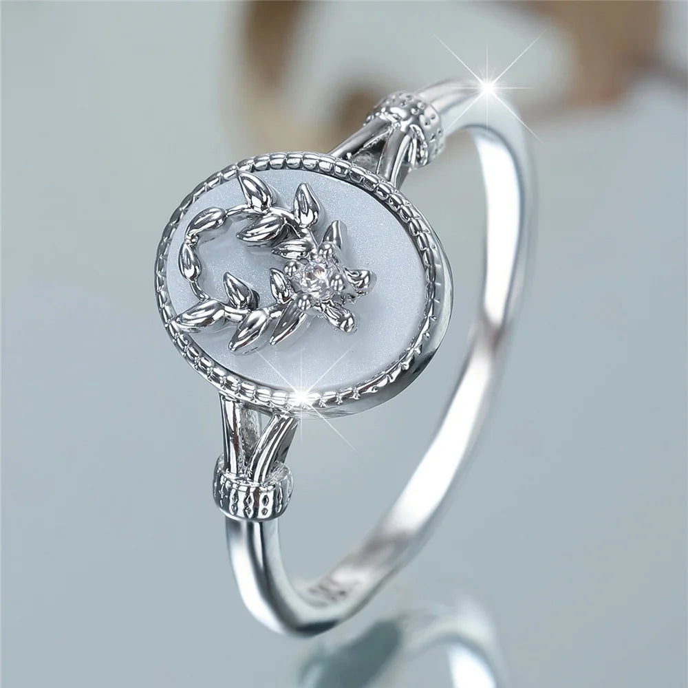 Charm Female White Enamel Stone Oval Leaf Plant Ring Rose Gold Silver Color Cute Gift Wedding Jewelry For Women
