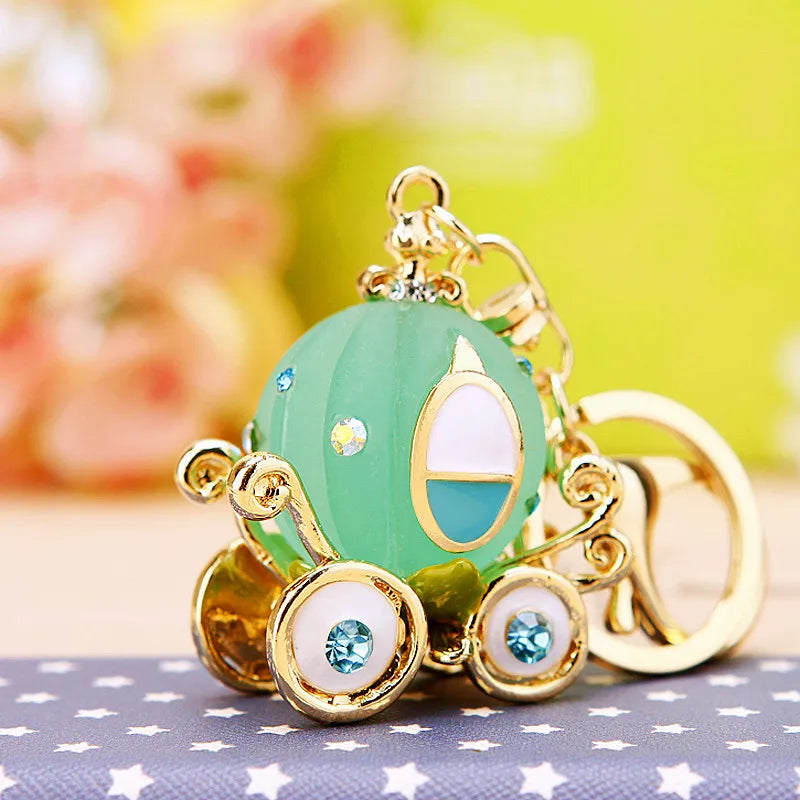 Lovely Cinderella Pumpkin Carriage Keychain Crystal Keyring Pendant Purse Bag Car Keychain