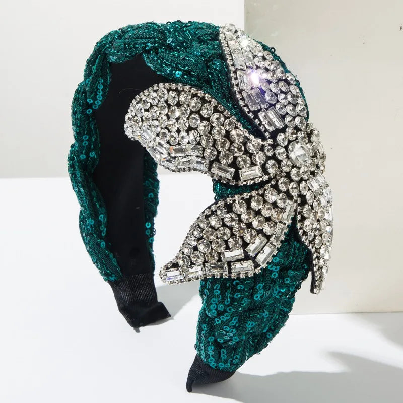 Vintage Rhinestone Sequin Velvet Wide Headband for Women Luxury Jeweled Flower Hair Hoop Elegant Bridal Hair Accessories
