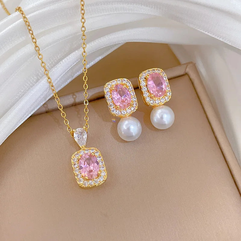 316L Stainless Steel Pink Crystal Pearl Charm Necklace Earrings For Women Girl New Trend Non-fading Jewelry Set Gift