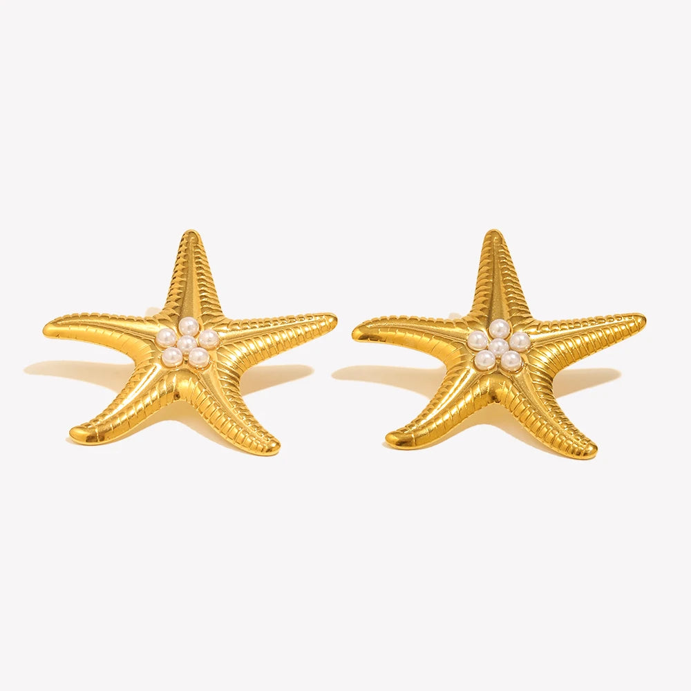 E.B.belle Exaggertaed Summer Beach Imitation Pearl Starfish Stud Earrings 18k Gold Plated Stainless Steel Holiday Women Jewelry