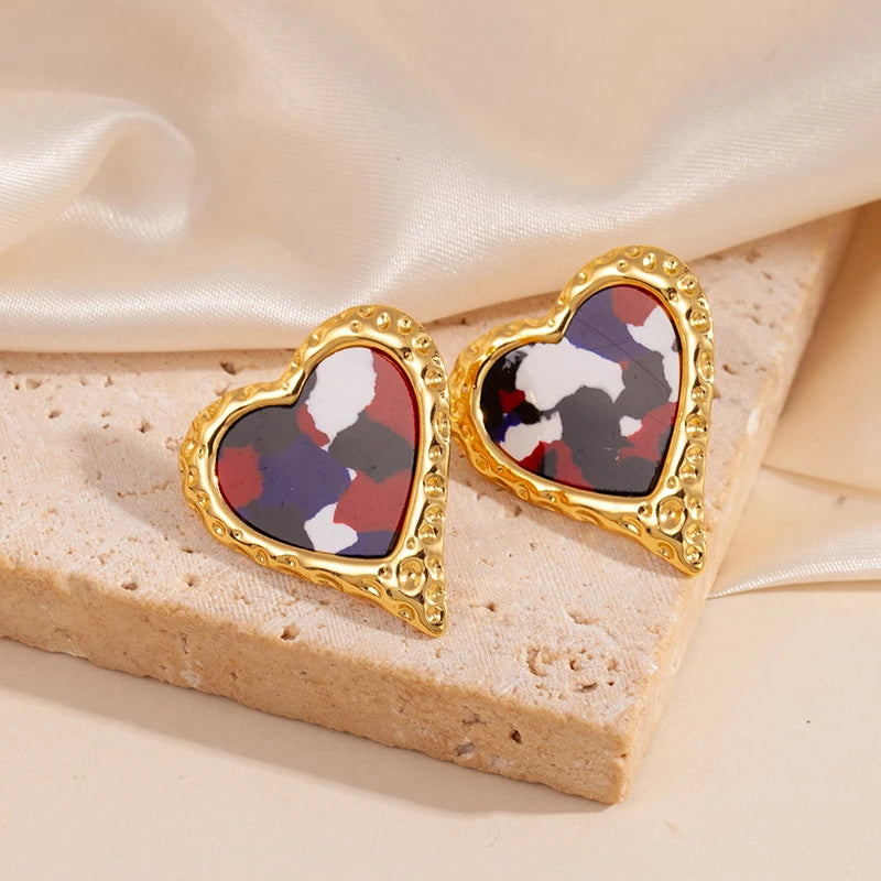 ANENJERY 316L Stainless Steel Ripple Metal Heart Earrings For Women Bohemia Niche Vintage Personality Delicate Jewelry Gifts