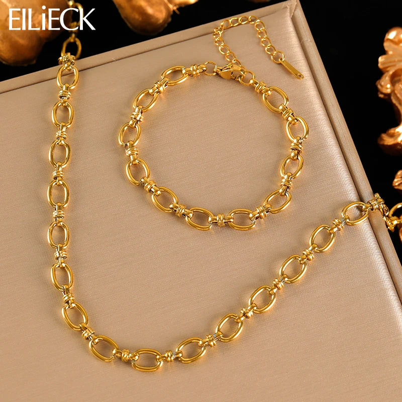 EILIECK 316L Stainless Steel Gold Color Chain Statement Necklace Bracelet For Women Charm Simple Jewelry Bijoux Jewelry Set Gift