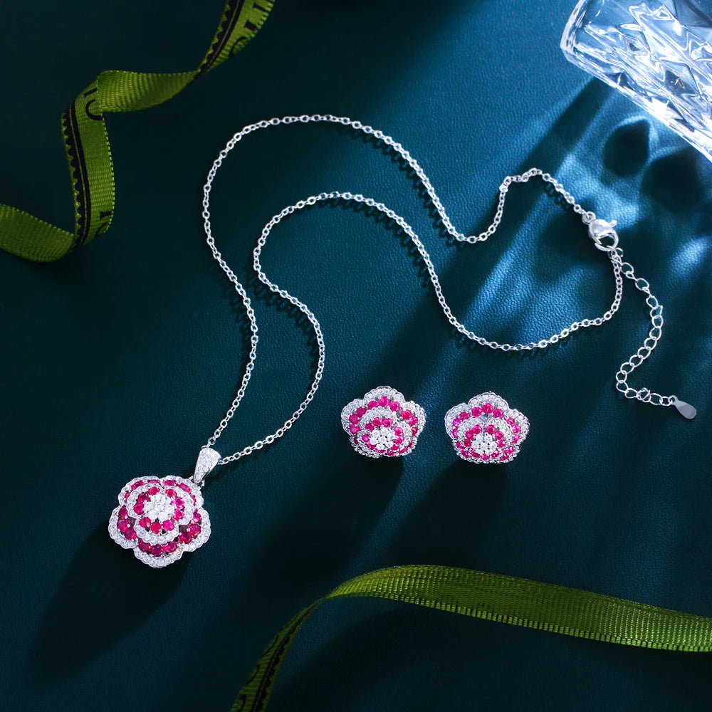 ThreeGraces Elegant Rose Red Cubic Zirconia Unique Flower Pendant Necklace and Stud Earrings Party Jewelry Set for Women JS715