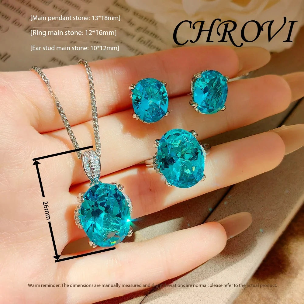 Luxurious 925 sterling silver exquisite pendant necklace, diamond ring, stud earrings, gemstone set set for women
