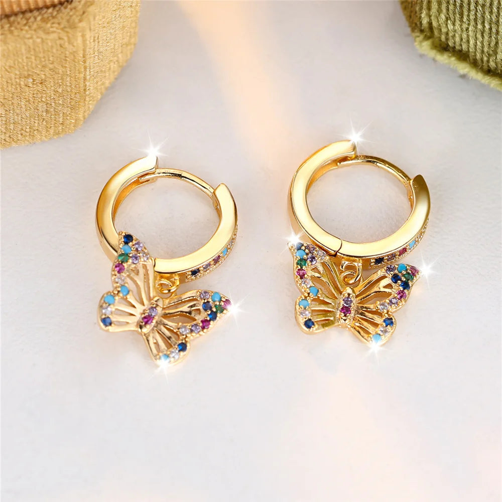 Cute Female Colorful Butterfly Round Zircon Stone Hoop Earrings Gold Color Unique Girlfriend Gifts Wedding Jewelry For Women