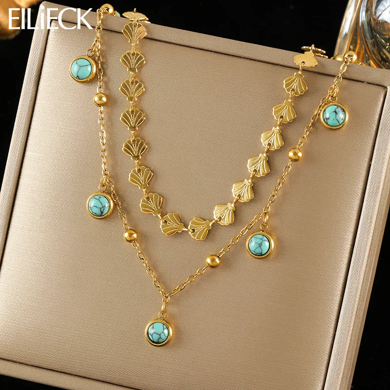 EILIECK 316L Stainless Steel Artificial Turquoise Pendant Necklace for Women Fashion Waterproof 2 Layer Neck Chain Jewelry Gift