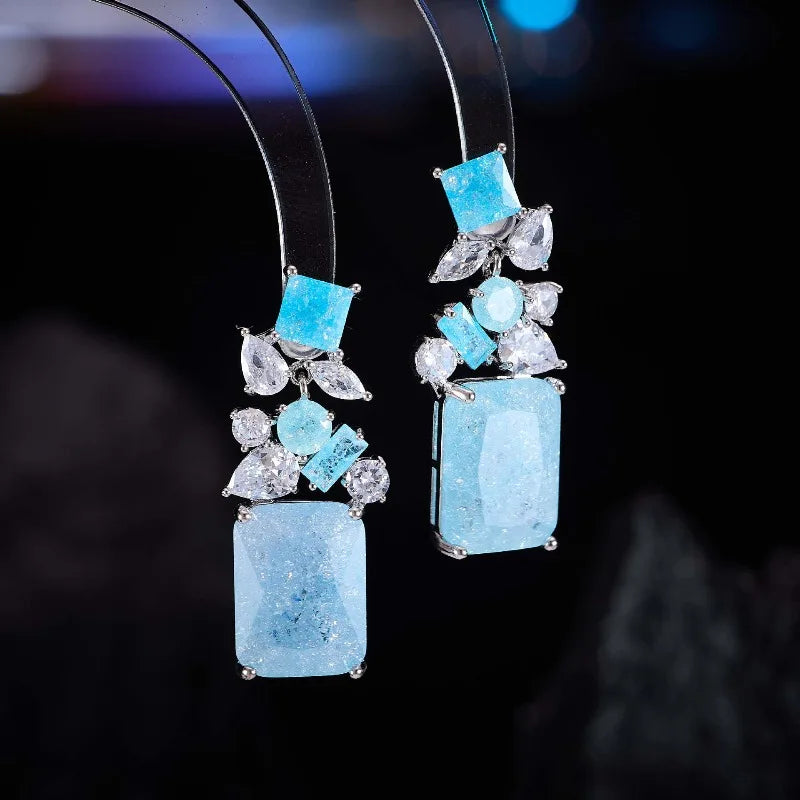 S925 Sterling Silver Colorful Ice Flower Zircon French Drop Earrings Geometric Fashion Jewelry for Women Girls Daily Wear Gift