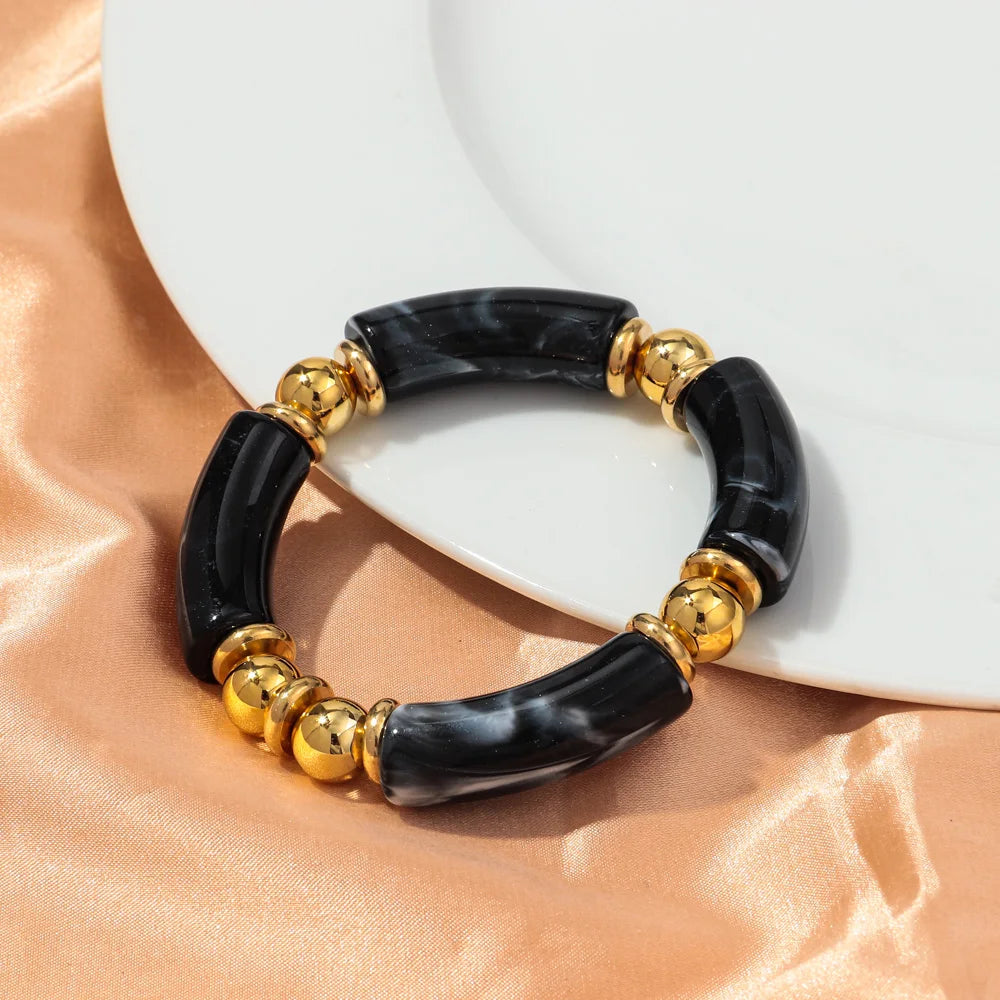 New Design Acrylic Gold Color Beads Chunky Bamboo Bracelets for Women Resin Curved Tube Stretchy Bangle 2024 Fashion Jewelry