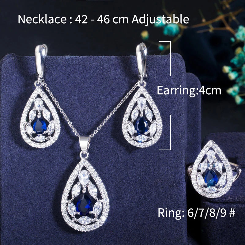 ThreeGraces Shining Red Zirconia Water Drop Shape Earring Necklace Ring Fashion Bridal Party Jewelry Set for Women JS554
