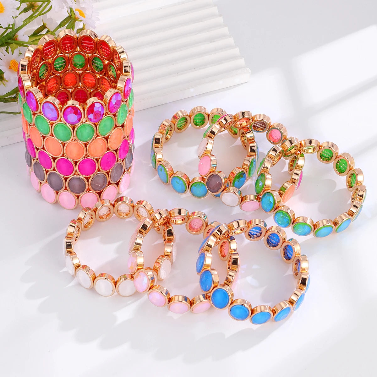 2026 New Arrival Glass Crystal Candy Beads Bracelets Colorful Rhinestone Girl Women Gold Color Bangle Bohemian Style Bracelet