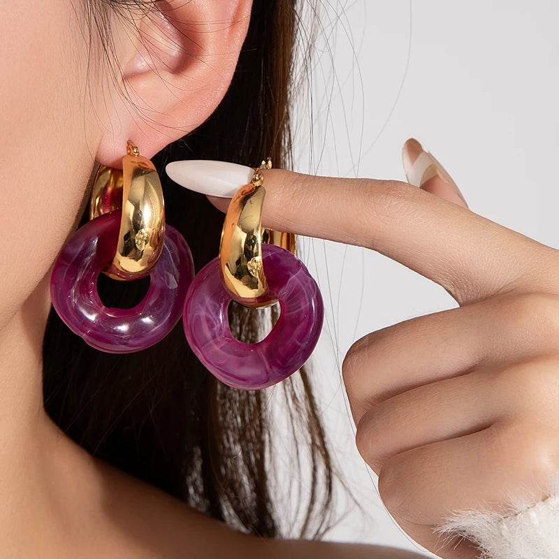 ANENJERY 316L Stainless Steel Colorful Resin Circular Hoop Earrings For Women Fashion Y2K Exaggerated Jewelry Gifts Wholesale
