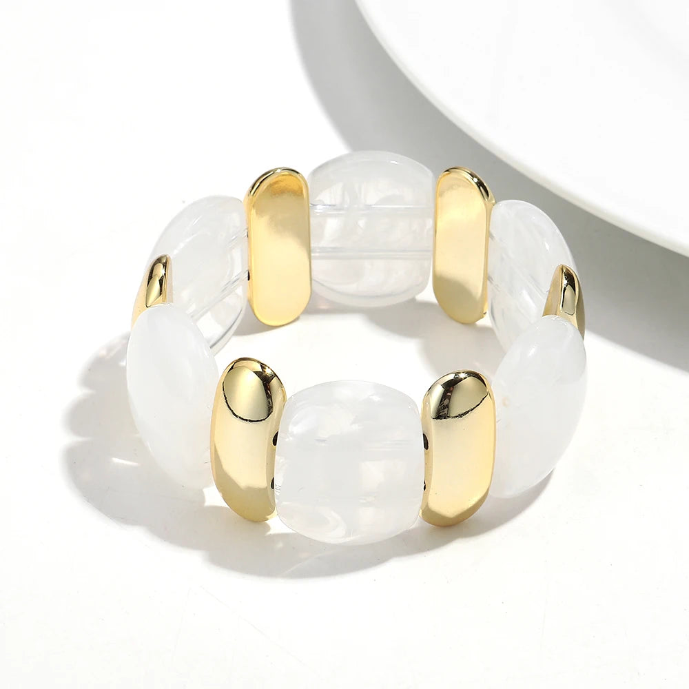 Elegant Acrylic Marble Geometric Petal Curved Beads Elastic Bracelets Trendy CCB Bead Chunky Bangles Bracelet Women Accessories
