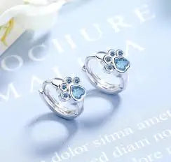 Simple Cute 925 Sterling SIlver Animal Cat Paw Mark Blue Mosaic Zircon Crystal Earrings For Women Promise Wedding Band Jewelry