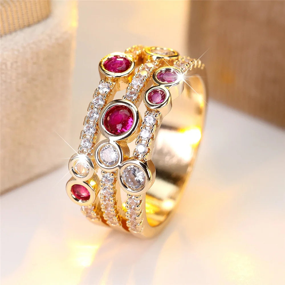 Cute Female Rose Red Zircon Stone Gold Color Wedding Jewelry Promise Engagement Rings For Women