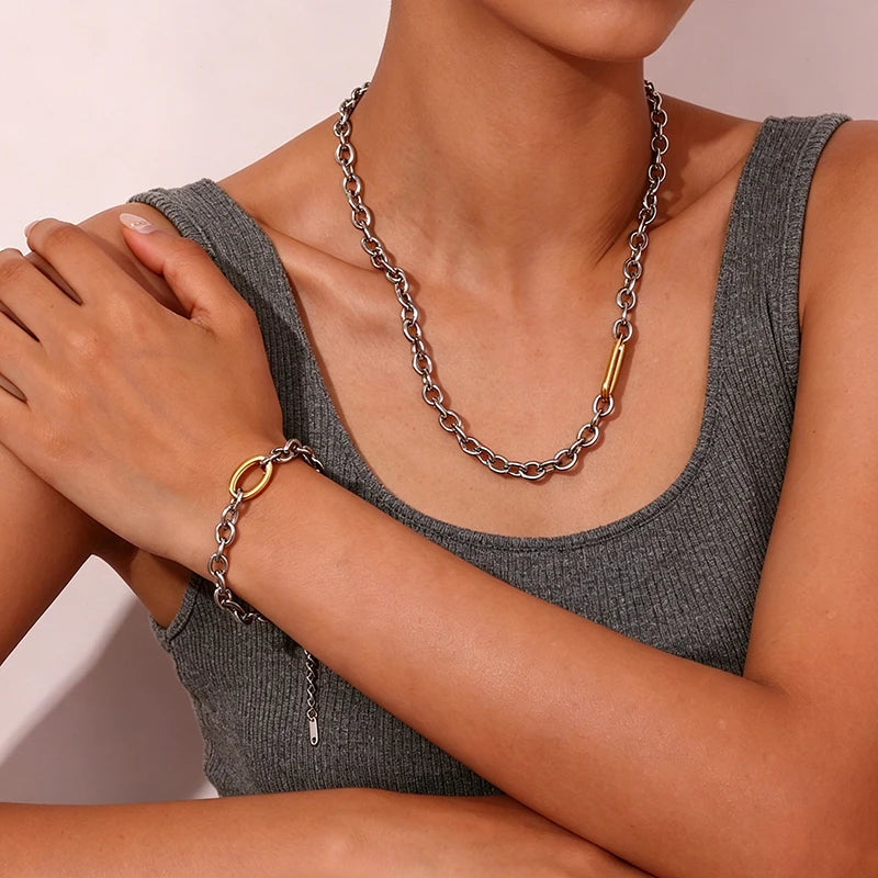 EILIECK 316L Stainless Steel Silver Color High Quality Metal Chain Necklace Bracelet Set Waterproof Popular Casual Jewelry Women