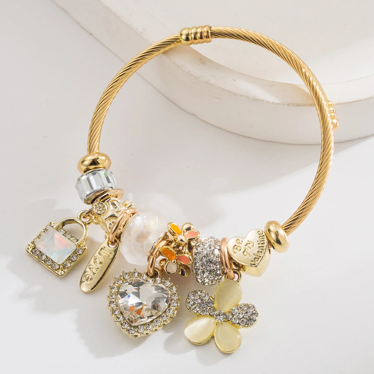 Cross border Hot Selling Panjia Stainless Steel Bracelet, Fashionable And Sweet Lock Heart Heart-Shaped Flower Pendant, High-End