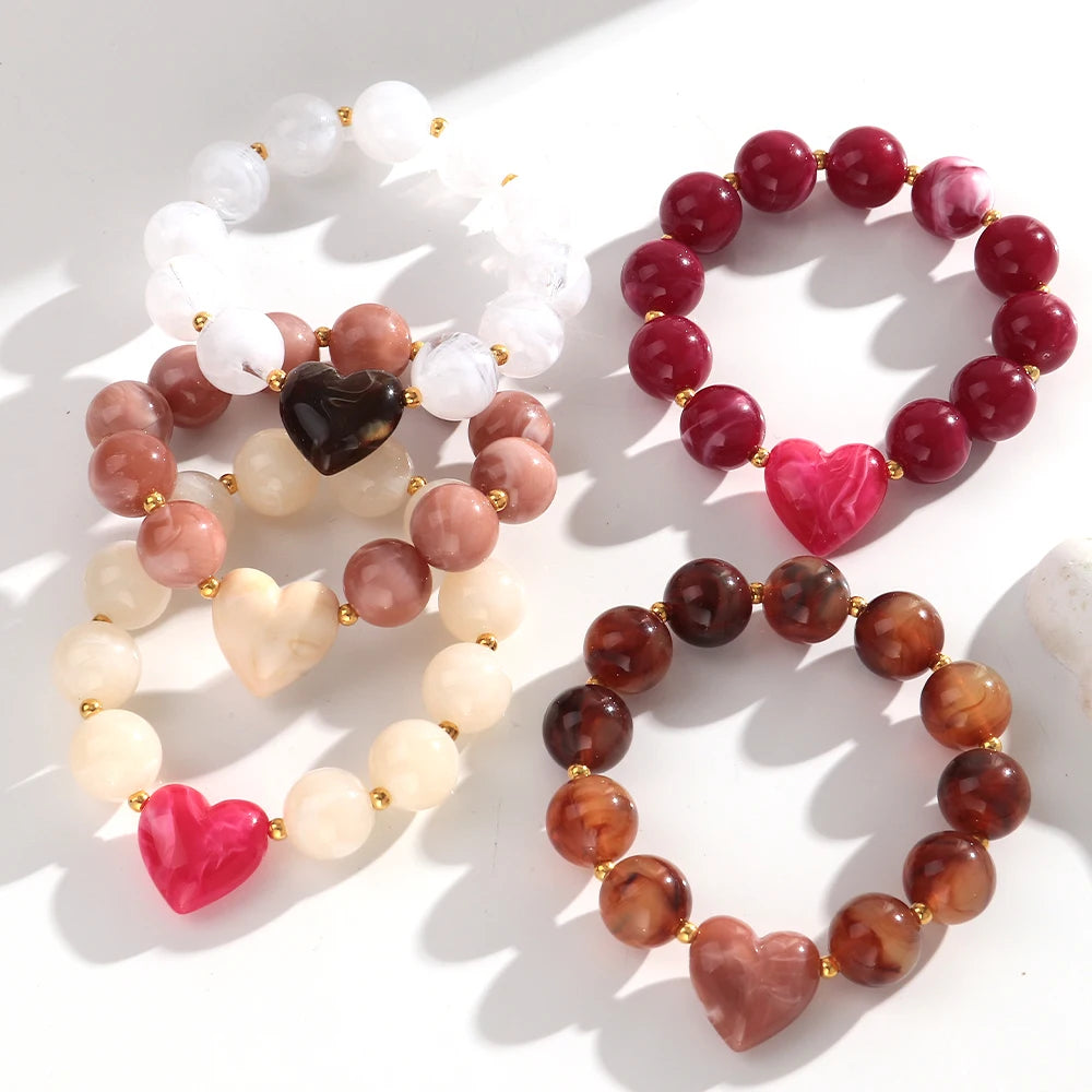 Trendy Acrylic Round Heart Beads Elastic Bangle Bracelets Resin Colorful Geometric Beaded Stretch Bracelet Women Charm Jewelry