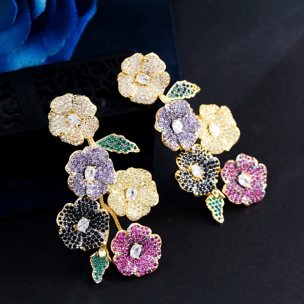 ThreeGraces Beautiful Cubic Zirconia Long Multicolor Flower Dangle Drop Earrings for Women Trendy Wedding Party Jewelry ER846