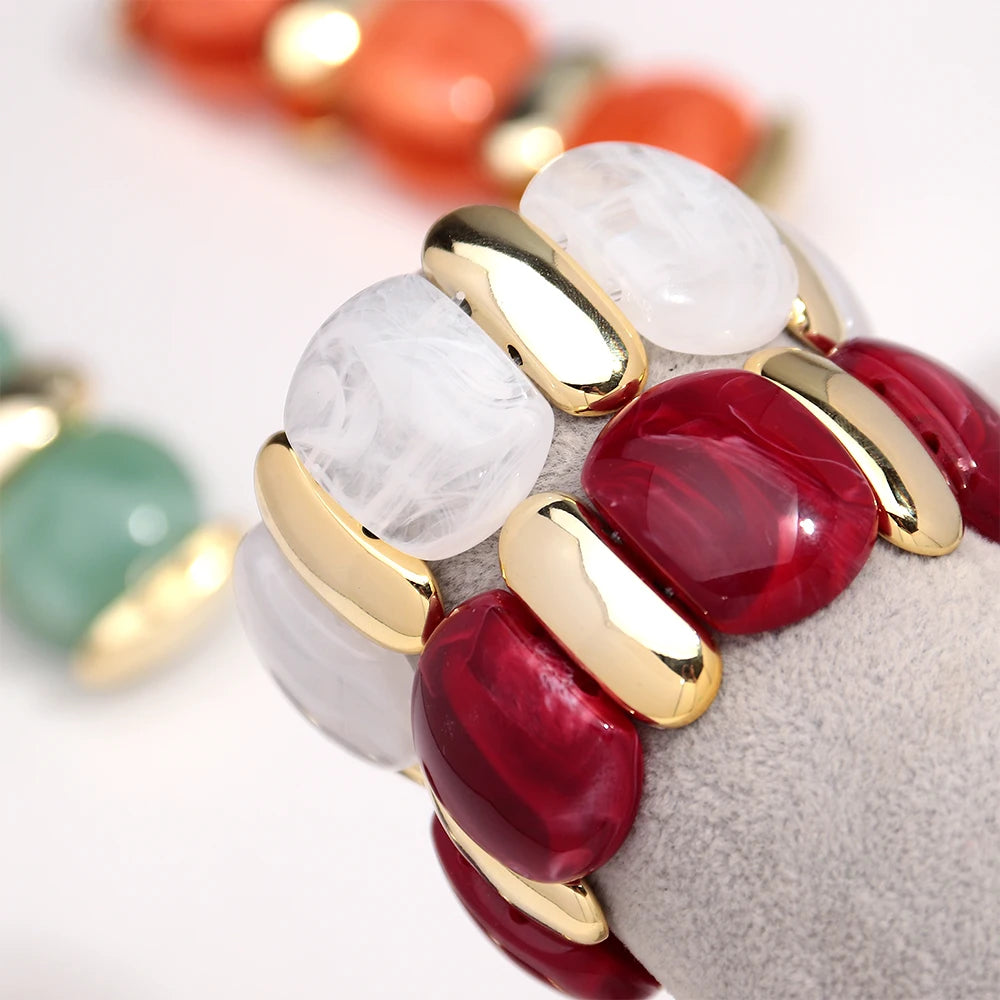 Elegant Acrylic Marble Geometric Petal Curved Beads Elastic Bracelets Trendy CCB Bead Chunky Bangles Bracelet Women Accessories