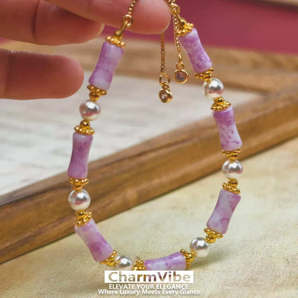 Dainty purple Stone Bamboo Beaded Bracelet for Women Golden Pearl Adjustable Drawstring Bracelet Wedding Party Jewelry Gift