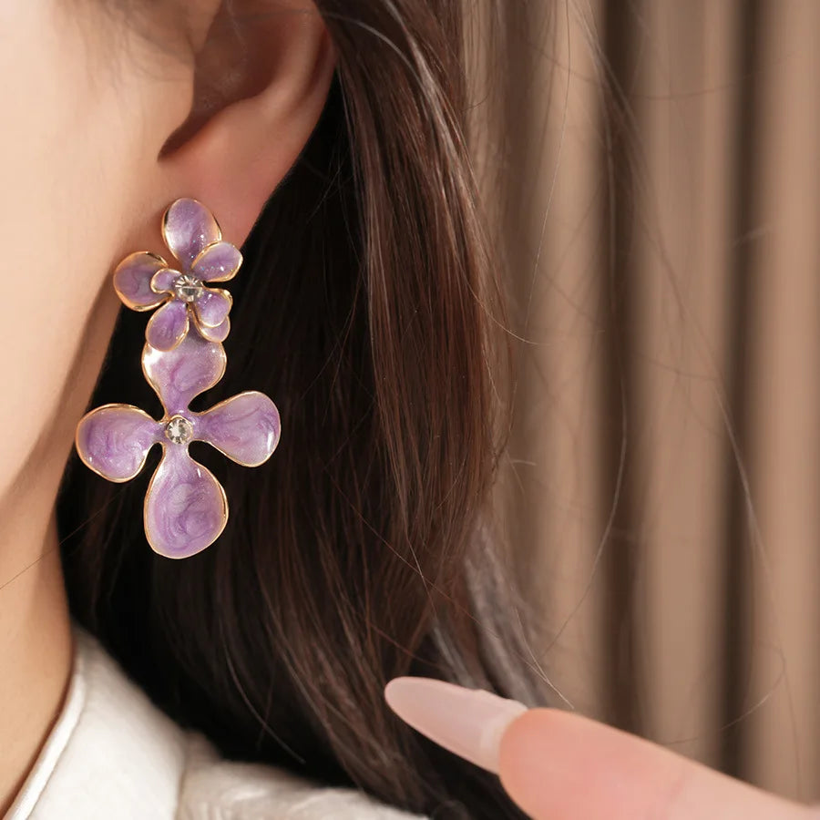 Double Layered Smudging Enamel Flower Drop Earrings for Women Vintage Shiny Rhinestones Dangle Earring Dating Party Jewelry N