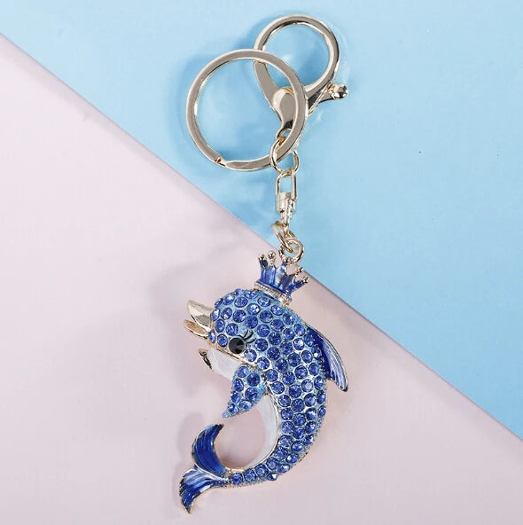 Fashion Rhinestone Crystal Metal Keychain Lovely Cartoon Marine Style Tortoise Fish Dolphin Keyring HandBag Car Pendant Gift