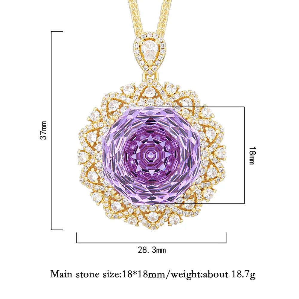 Retro 18*18mm Amethyst Pink Quartz Lab Diamond Gold Pendant Necklace for Women Cocktail Party Fine Jewelry Accessories Gifts