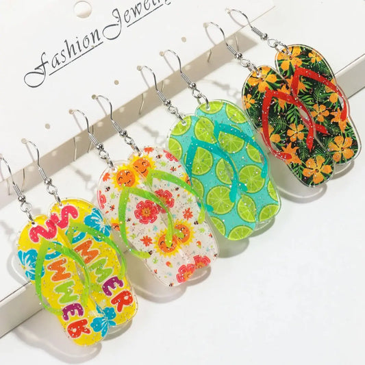 Bohomian Summer Acrylic Flower Slippers Earrings for Women Boho Resin Cute Lemon Leopard Print Shoes Earring Design Jewelry