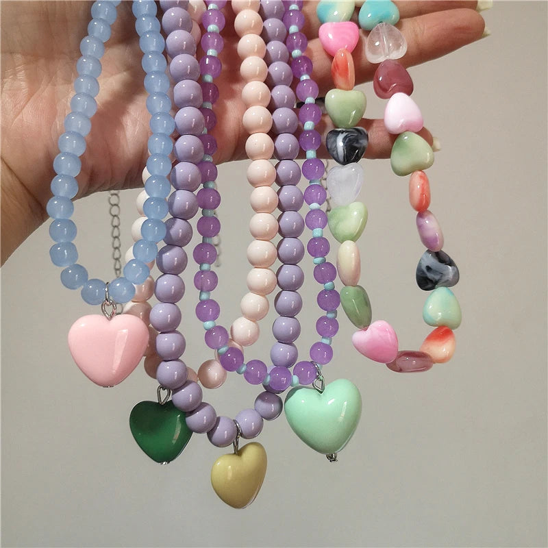 Y2K Retro Resin Pendant Necklaces Women Beaded Candy Color Heart Necklaces Exquisite Cute Daily Party Jewelry Accessories Gifts