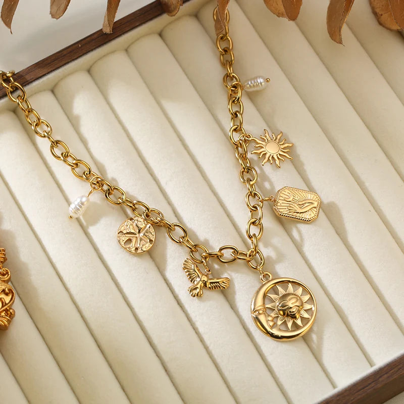EILIECK 316L Stainless Steel Metal Gold Color Sun Moon Pendant Necklace Lady New Trendy Neck Chain Waterproof Jewelry Party Gift