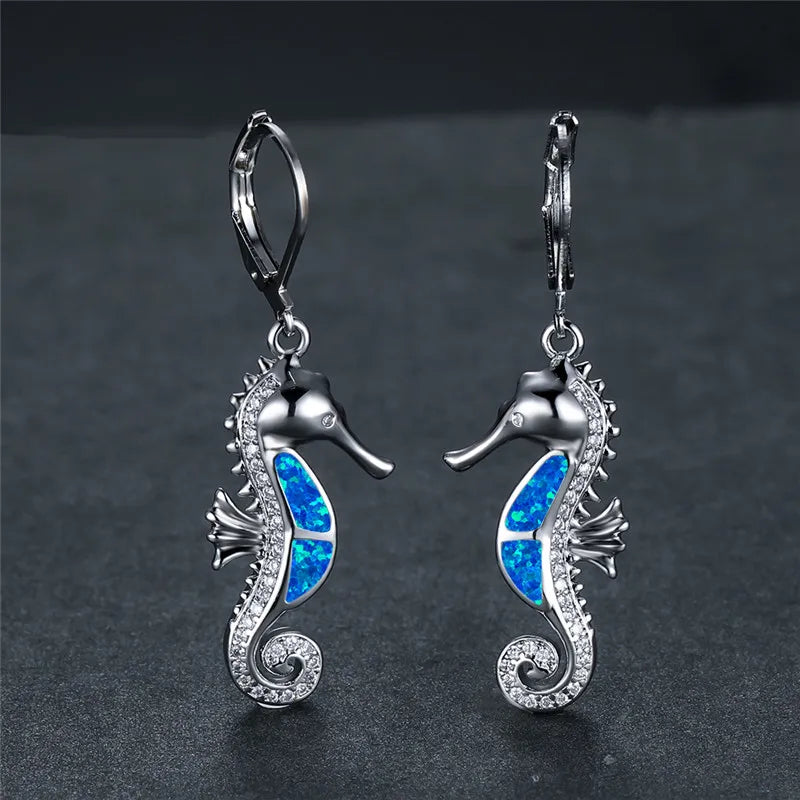 Cute Female Sea Horse Hoop Earring White Blue Opal Stone Animal Jewelry Rose Gold Silver Color Wedding Earrings For Women