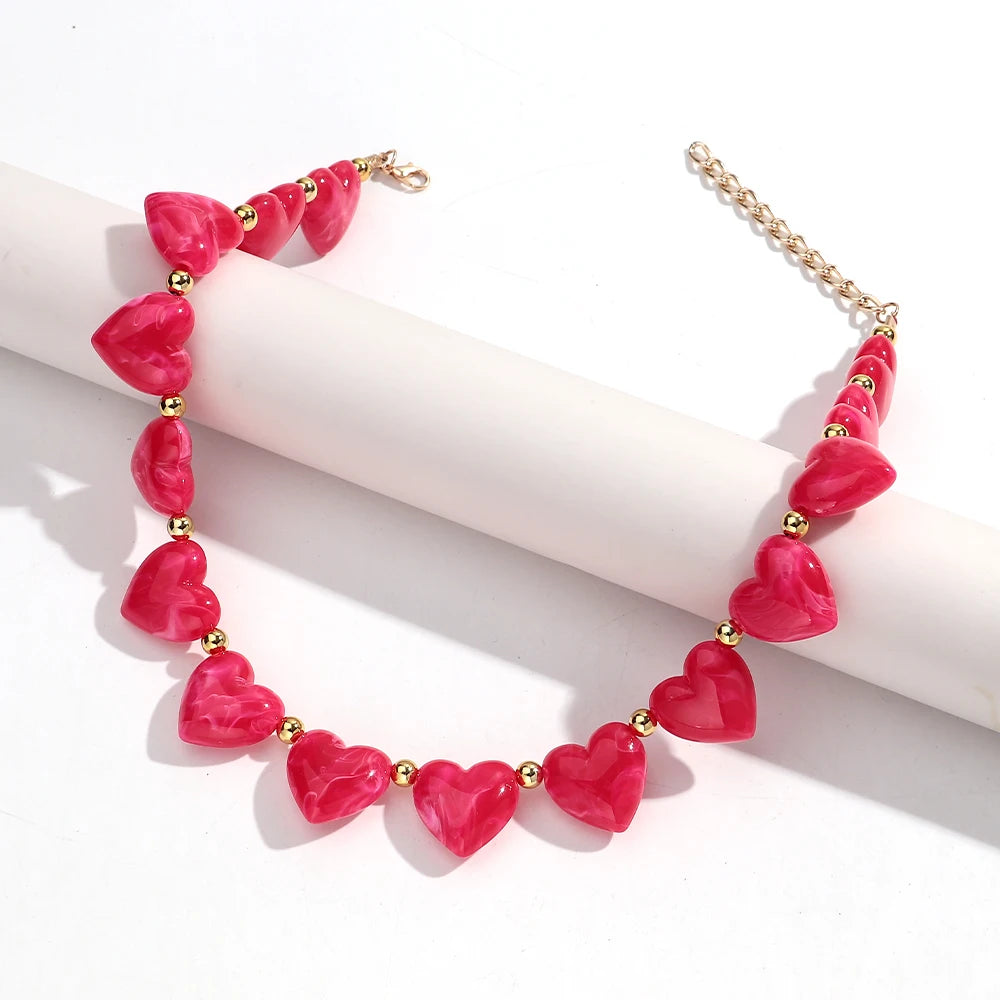 Sweet Candy Colored Resin Love Heart Choker Necklace for Women Cute Geometric Heart Shape Collar Necklace Summer Jewelry Gifts