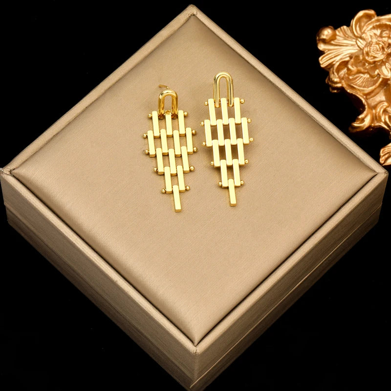 EILIECK 316L Stainless Steel Zircon Feather FOREVER Pendant Earrings For Women Fashion Ear Dangle Gold-Plated Jewelry Gift