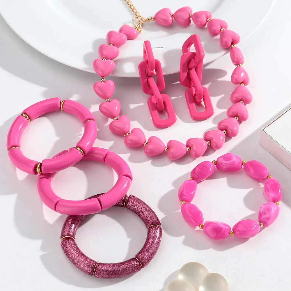Fashion Pink Acrylic Geometric Beads Bracelets Necklace Earrings for Women Heart Tube Beaded Bracelets 2026 New Jewelry Gifts