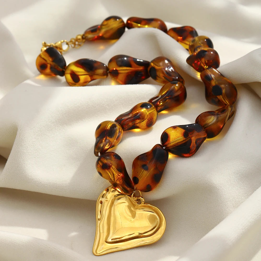 E.B.belle Leopard Print Natural Stone String Necklace With Heart Pendant Charm Personalized Design For Daily Life Birthday Party