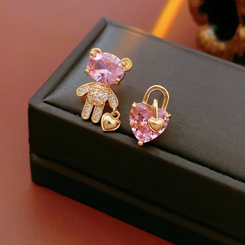 925 Silver Needle Zircon Bear Love Earrings for Women High-end Asymmetric Stud Earring Fashionable Versatile Sweet Jewelry