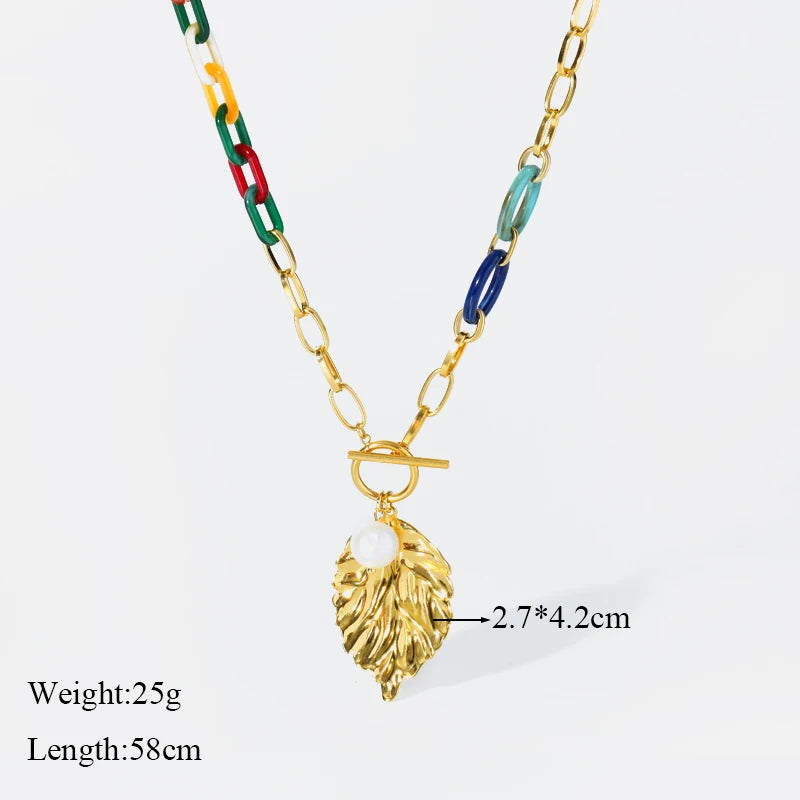 EILIECK 316L Stainless Steel Exaggerated Acrylic Link Thick Chain Necklace For Women Girl Fashion Leaves Neck Chain Jewelry Gift